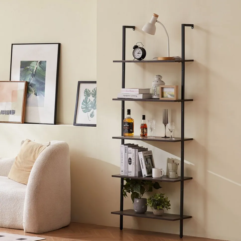 VEVOR Ladder Shelf, 5-Tier Bookshelf 24x11.8in, Open Wall-Mounted Ladder Shelf with Metal Frame,Storage Rack Sundries Holder for Kitchen Bedroom Bathroom Living Room, Black