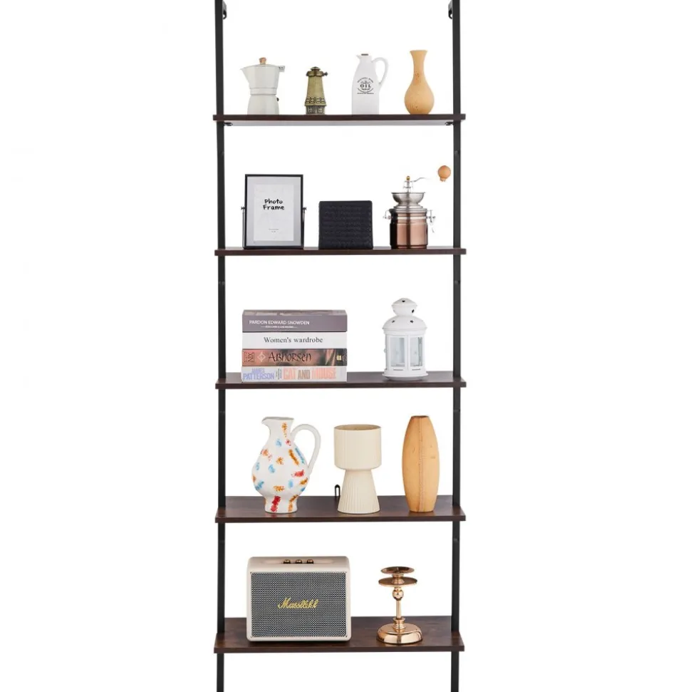 VEVOR Ladder Shelf, 5-Tier Bookshelf 24x11.8in, Open Wall-Mounted Ladder Shelf with Metal Frame,Storage Rack Sundries Holder for Kitchen Bedroom Bathroom Living Room, Black