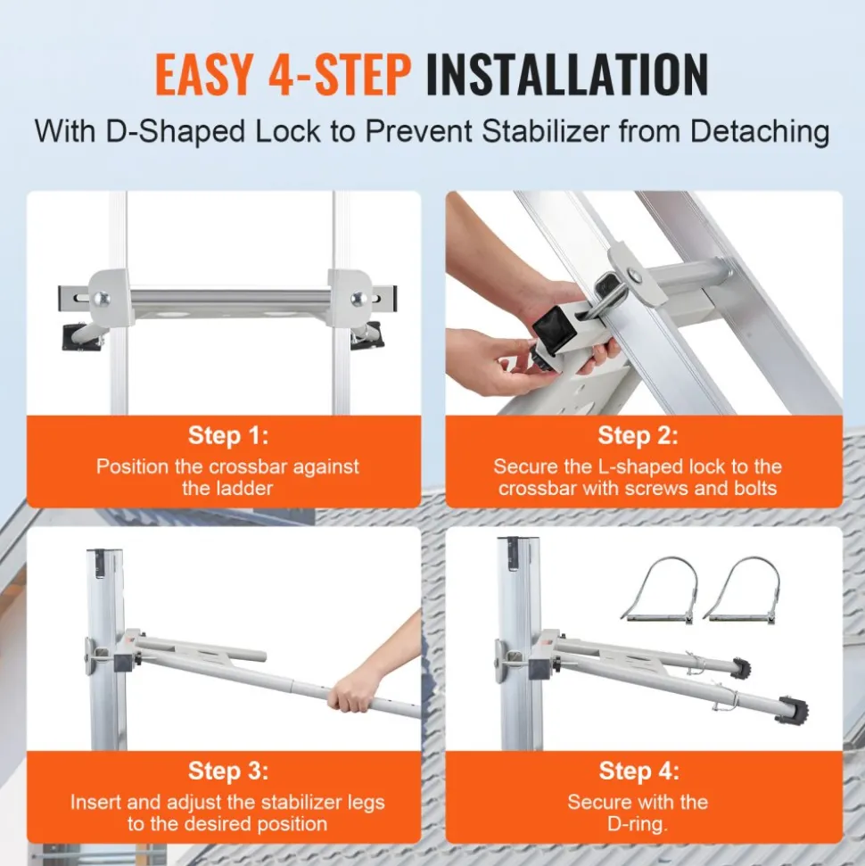 VEVOR Ladder Stabilizer, Adjustable Feet Extension Ladder Standoff, Heavy Duty Wall Ladder Accessories for Roof Gutter, Easy to Use & Wide Adaptability & Anti-slip Rubber Feet, 330 lbs Weight Rating