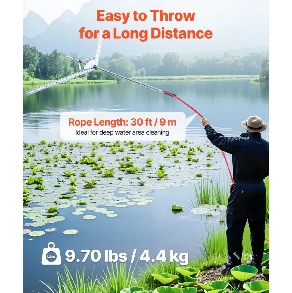 VEVOR Lake Weed Cutter, Pond Aquatic Plant Cutting Tool with 62 in Max. Cut Width, Sharp and Heavy-Duty Steel Blades, Pond Rake with 30 ft Throw Rope, for Cattail, Phragmites, Lilly Pads & Chara