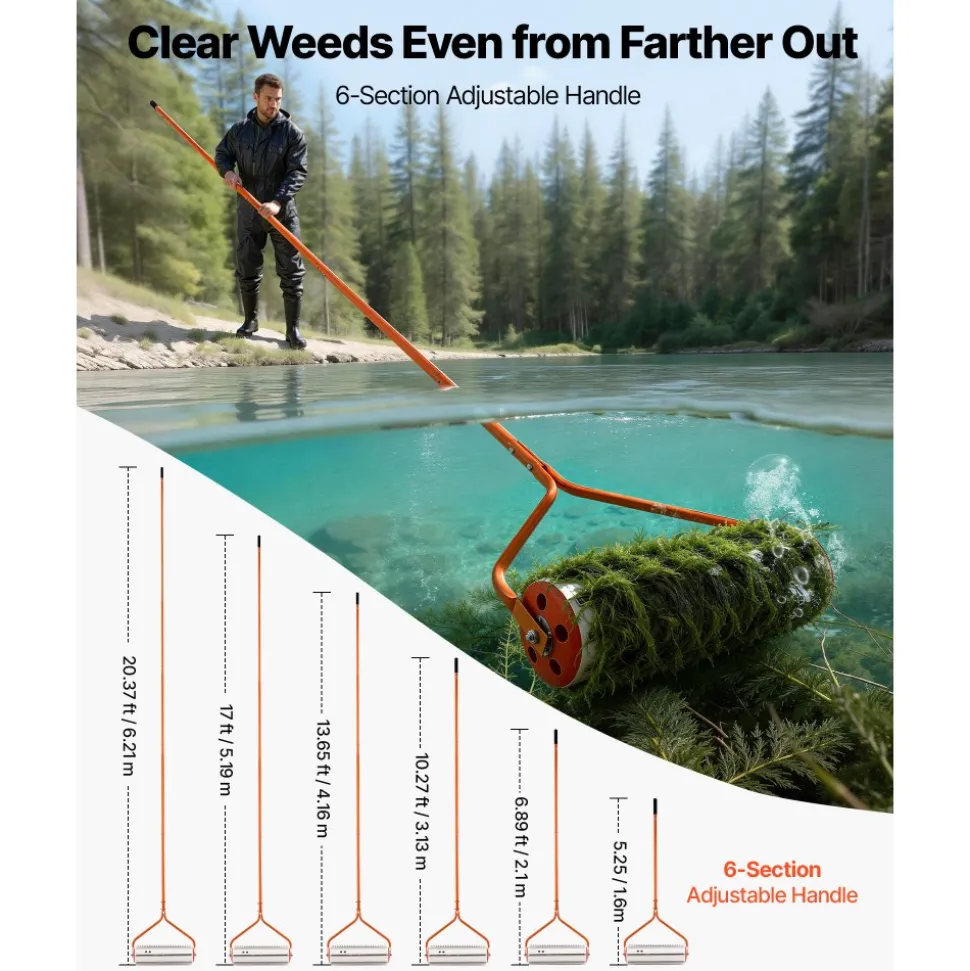 VEVOR Lake Weed Roller, 20 ft Lake & Pond Weed Removal Tool, Muck Razer Aquatic & Sludge Tiller, Rid Roots and Muck Buildup, 6 Preassembled Stainless Steel Blades, 6 Aluminum Handles, Easy Assembly