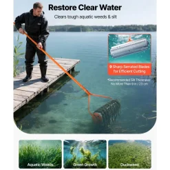 VEVOR Lake Weed Roller, 20 ft Lake & Pond Weed Removal Tool, Muck Razer Aquatic & Sludge Tiller, Rid Roots and Muck Buildup, 6 Preassembled Stainless Steel Blades, 6 Aluminum Handles, Easy Assembly