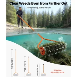 VEVOR Lake Weed Roller, 12 ft Lake & Pond Weed Removal Tool, Muck Razer Aquatic & Sludge Tiller, Rid Roots and Muck Buildup, 9 Preassembled Galvanized Iron Blades, 3 Aluminum Handles, Easy Assembly