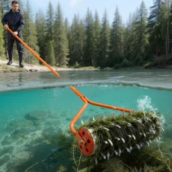 VEVOR Lake Weed Roller, 12 ft Lake & Pond Weed Removal Tool, Muck Razer Aquatic & Sludge Tiller, Rid Roots and Muck Buildup, 9 Preassembled Galvanized Iron Blades, 3 Aluminum Handles, Easy Assembly