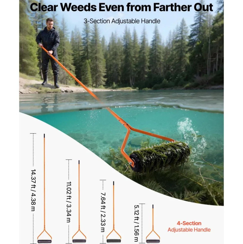VEVOR Lake Weed Roller, 14.1 ft Stainless Steel Lake & Pond Weed Removal Tool, Muck Razer Aquatic & Sludge Tiller, Rid Roots and Muck Buildup, 6 Preassembled Stainless Steel Blades, 4 Aluminum Handles