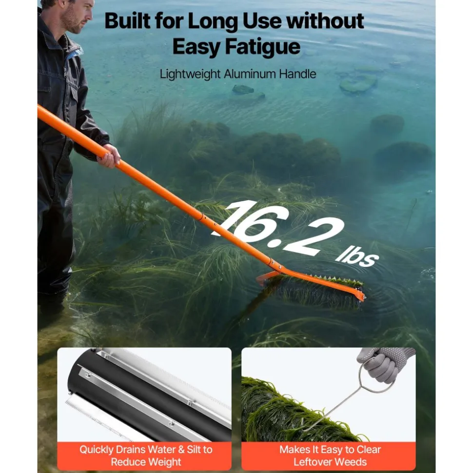 VEVOR Lake Weed Roller, 14.1 ft Stainless Steel Lake & Pond Weed Removal Tool, Muck Razer Aquatic & Sludge Tiller, Rid Roots and Muck Buildup, 6 Preassembled Stainless Steel Blades, 4 Aluminum Handles