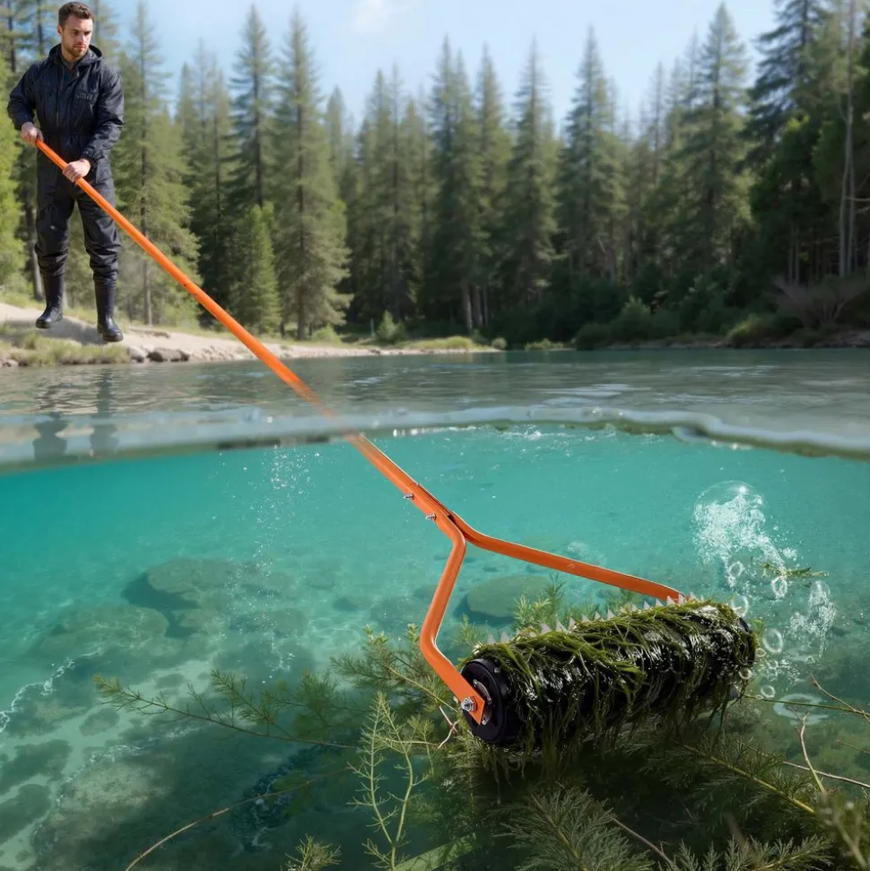 VEVOR Lake Weed Roller, 14.1 ft Stainless Steel Lake & Pond Weed Removal Tool, Muck Razer Aquatic & Sludge Tiller, Rid Roots and Muck Buildup, 6 Preassembled Stainless Steel Blades, 4 Aluminum Handles
