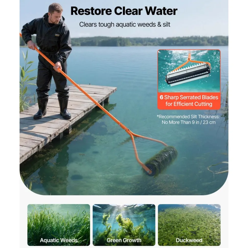 VEVOR Lake Weed Roller, 14.1 ft Stainless Steel Lake & Pond Weed Removal Tool, Muck Razer Aquatic & Sludge Tiller, Rid Roots and Muck Buildup, 6 Preassembled Stainless Steel Blades, 4 Aluminum Handles