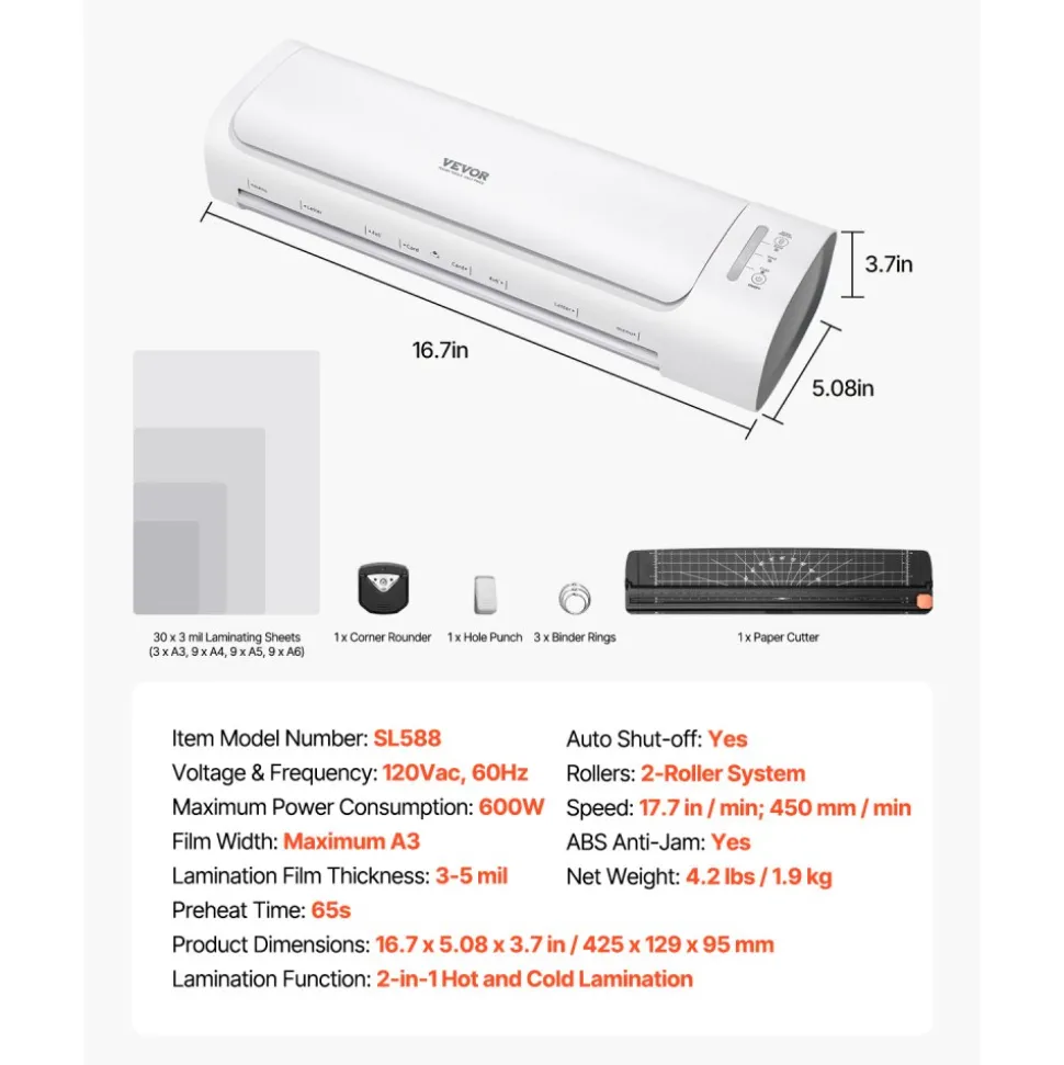VEVOR Laminator Machine, Cold and Hot Laminator for Max A3 Paper Size, 1 min Quick Warm Thermal Laminator, 3-5 mil Thickness, Ideal for Home, Office, Business, or School Supplies, White + Grey