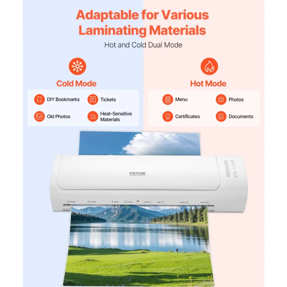 VEVOR Laminator Machine, Cold and Hot Laminator for Max A3 Paper Size, 1 min Quick Warm Thermal Laminator, 3-5 mil Thickness, Ideal for Home, Office, Business, or School Supplies, White + Grey
