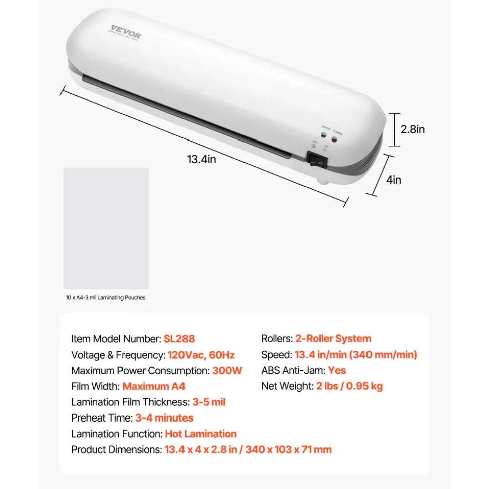 VEVOR Laminator Machine, Thermal Laminator for Max A4 Paper Size, 3-4 min Quick Warm Portable Laminator, 3-5 mil Thickness, Ideal for Home, Office, Business, or School Supplies, White + Grey
