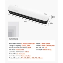VEVOR Laminator Machine, Thermal Laminator for Max A3 Paper Size, 2-3 min Quick Warm Portable Laminator, 3-5 mil Thickness, Ideal for Home, Office, Business, or School Supplies, White + Black