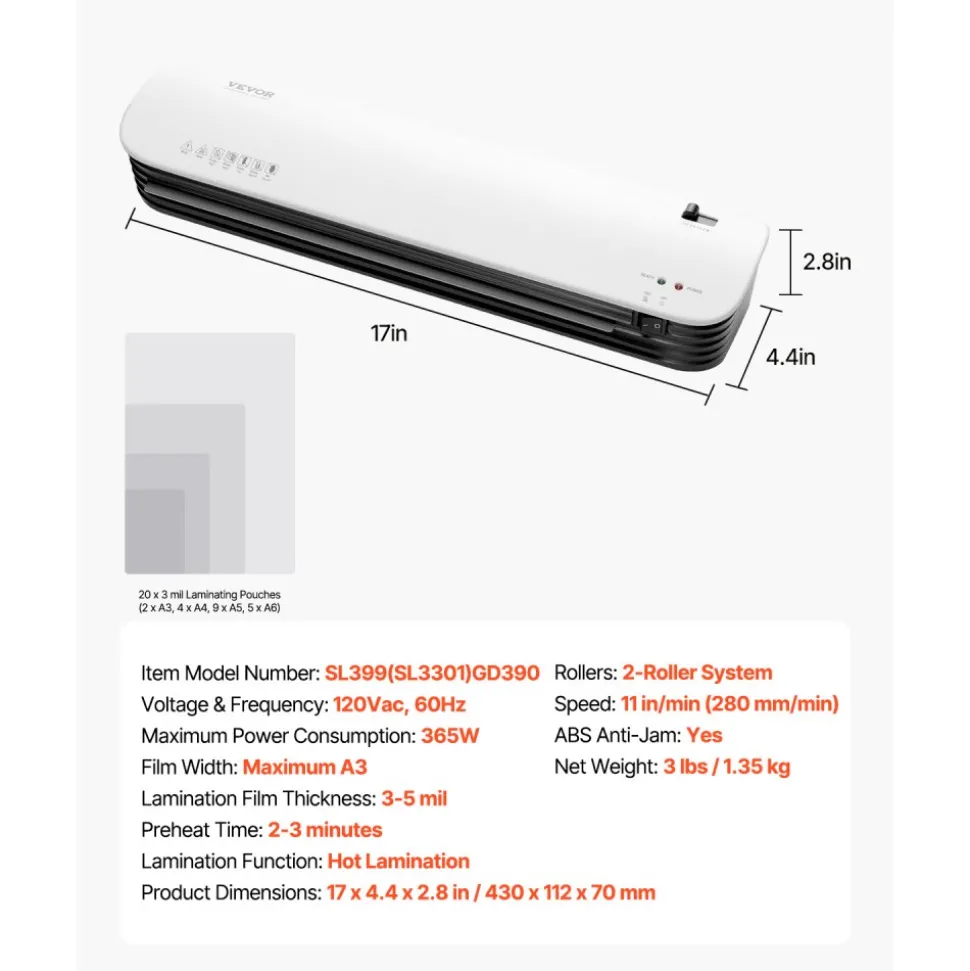 VEVOR Laminator Machine, Thermal Laminator for Max A3 Paper Size, 2-3 min Quick Warm Portable Laminator, 3-5 mil Thickness, Ideal for Home, Office, Business, or School Supplies, White + Black