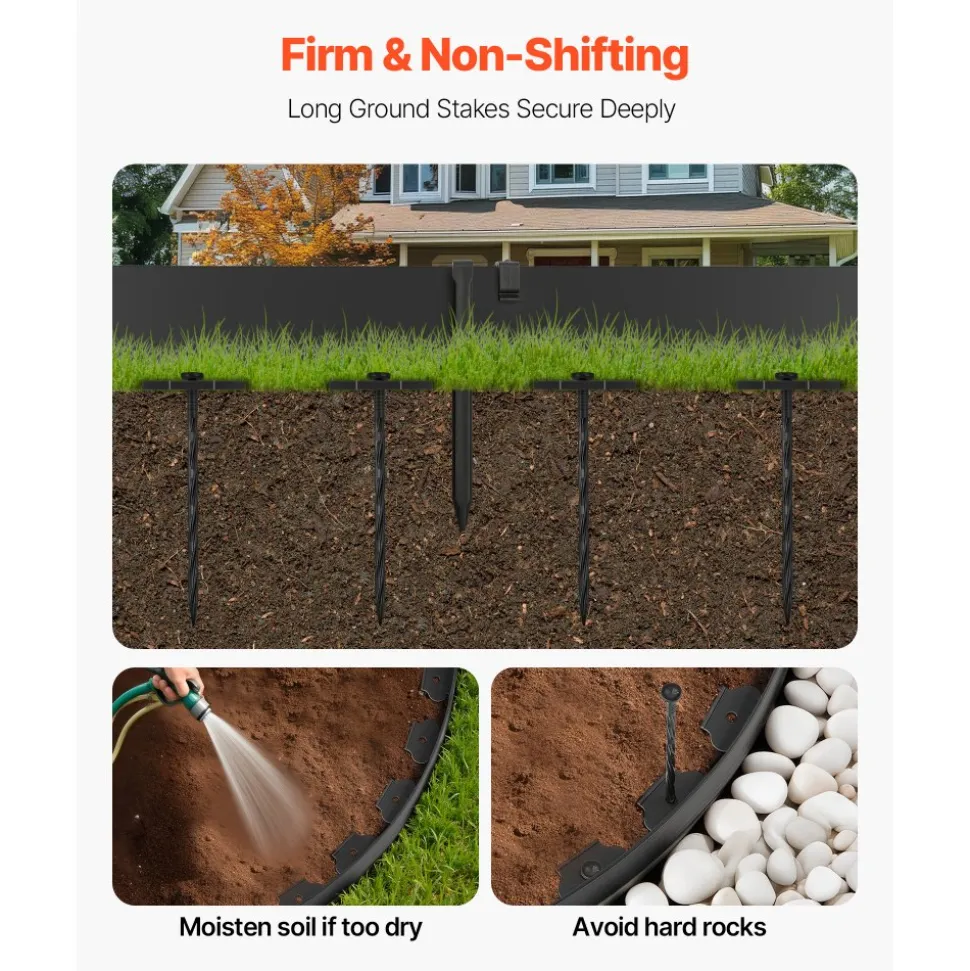 VEVOR Landscape Edging, 66 ft x 4 in Plastic Garden Border Edging with 60 Spikes & 2 Ground Stakes, No Dig, Flexible Lawn Edgings Roll, UV-Resistant Mini Fence Borders for Flower Beds Yard Paver