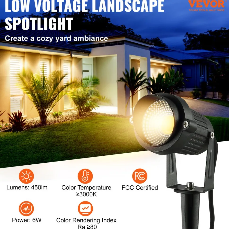 VEVOR Landscape Lighting, 6W Low Voltage LED Landscape Lights, IP66 Waterproof Landscape Spotlights Yard Lawn Garden Pathway Outdoor Lights 12V 24V 450LM Warm White 3000K (12 Pack with Connectors)