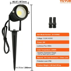 VEVOR Landscape Lighting, 6W Low Voltage LED Landscape Lights, IP66 Waterproof Landscape Spotlights Yard Lawn Garden Pathway Outdoor Lights 12V 24V 450LM Warm White 3000K (12 Pack with Connectors)