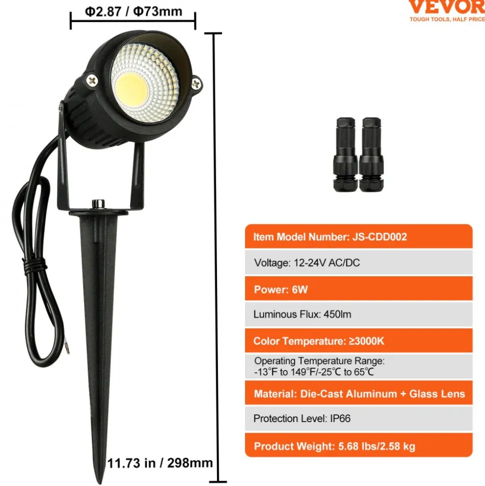 VEVOR Landscape Lighting, 6W Low Voltage LED Landscape Lights, IP66 Waterproof Landscape Spotlights Yard Lawn Garden Pathway Outdoor Lights 12V 24V 450LM Warm White 3000K (12 Pack with Connectors)