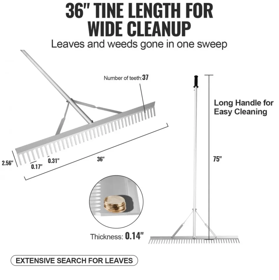 VEVOR Landscape Rake, 36" Head Aluminum Landscape Rake, Lake Weed Rake with 75" Long Handle, for Loosening Soil, Lawn Care, Weeding Lake, Garden, Pond