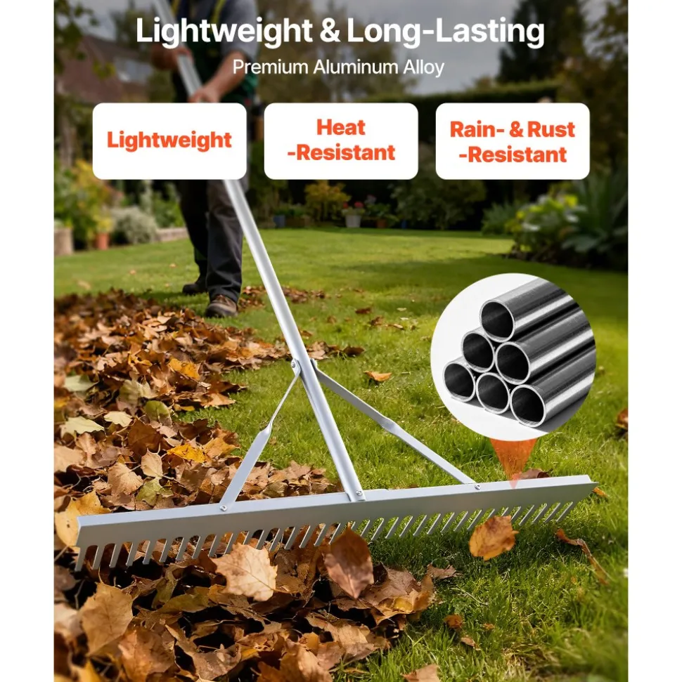 VEVOR Landscape Rake, 36 inch Wide Head 133 inch Handle, Large Heavy Duty Aluminum Landscaping Leaf Rake Tool, Asphalt Level for Loosening Soil, Garden & Yard, Pond Gravel & Beach Lawn Care, 52ft Rope