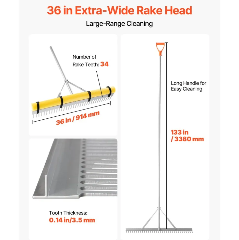 VEVOR Landscape Rake, 36 inch Wide Head 102 inch Handle, Large Heavy Duty Aluminum Landscaping Leaf Rake Tool, Asphalt Level for Loosening Soil, Garden & Yard, Pond Gravel & Beach Lawn Care, 52ft Rope