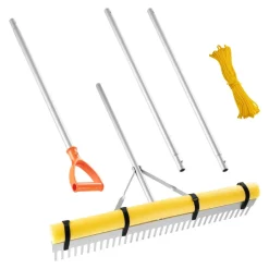 VEVOR Landscape Rake, 36 inch Wide Head 102 inch Handle, Large Heavy Duty Aluminum Landscaping Leaf Rake Tool, Asphalt Level for Loosening Soil, Garden & Yard, Pond Gravel & Beach Lawn Care, 52ft Rope