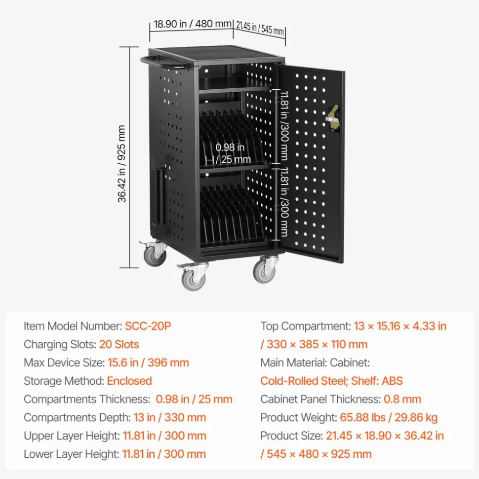 VEVOR Laptop Cart, 20 Device Mobile Charging Cart, Up to 15.6 in Screen Size, Office and Classroom Mobile Charging Cart, for Chromebook, Tablet and Laptop