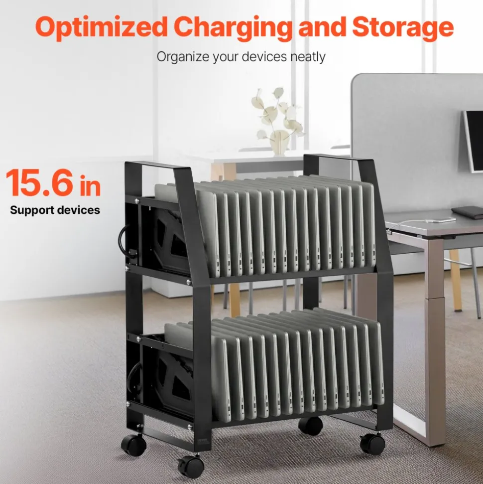 VEVOR Laptop Charging Cart, 32 Devices Mobile Open Charging Station with Wheels, for Tablet and Laptop Up to 15.6 in Screen Size, Easy Access Slots, Surge Control, for Office, Classroom, Library