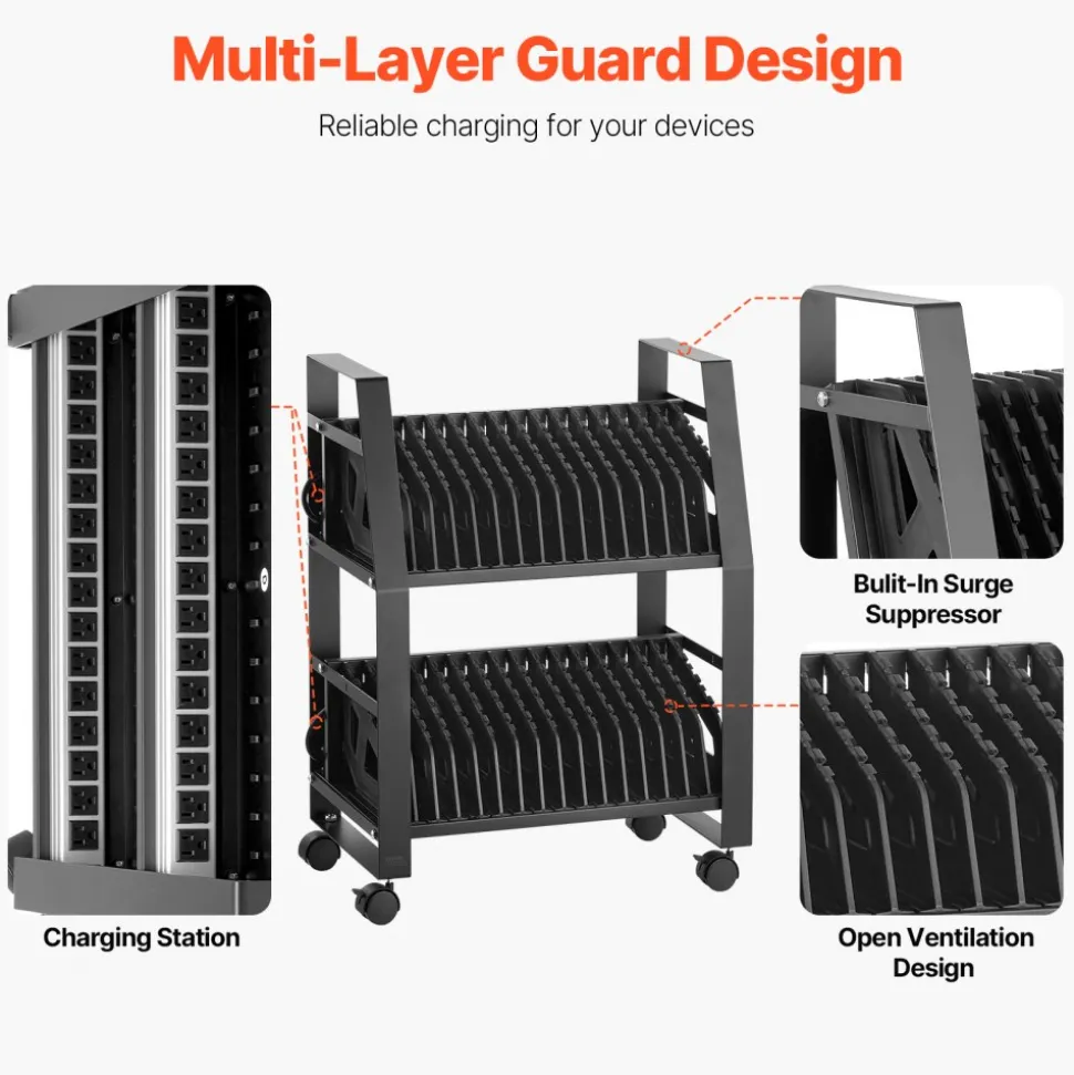 VEVOR Laptop Charging Cart, 32 Devices Mobile Open Charging Station with Wheels, for Tablet and Laptop Up to 15.6 in Screen Size, Easy Access Slots, Surge Control, for Office, Classroom, Library