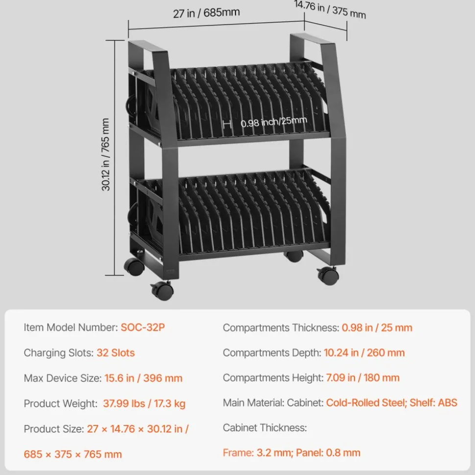 VEVOR Laptop Charging Cart, 32 Devices Mobile Open Charging Station with Wheels, for Tablet and Laptop Up to 15.6 in Screen Size, Easy Access Slots, Surge Control, for Office, Classroom, Library