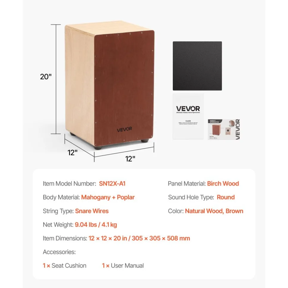 VEVOR Large Cajon Box Drum Wooden Birchwood Percussion Instrument with Snare Wires
