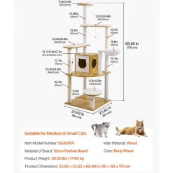 VEVOR Large Cat Tree, 68.9 inches Tall, Cat Tower, Multi-level Cat Condo Furniture Activity Center with Cozy Perches, Sisal Scratching Posts, Hammock, Big Kittens House for Indoor Cats Play & Rest
