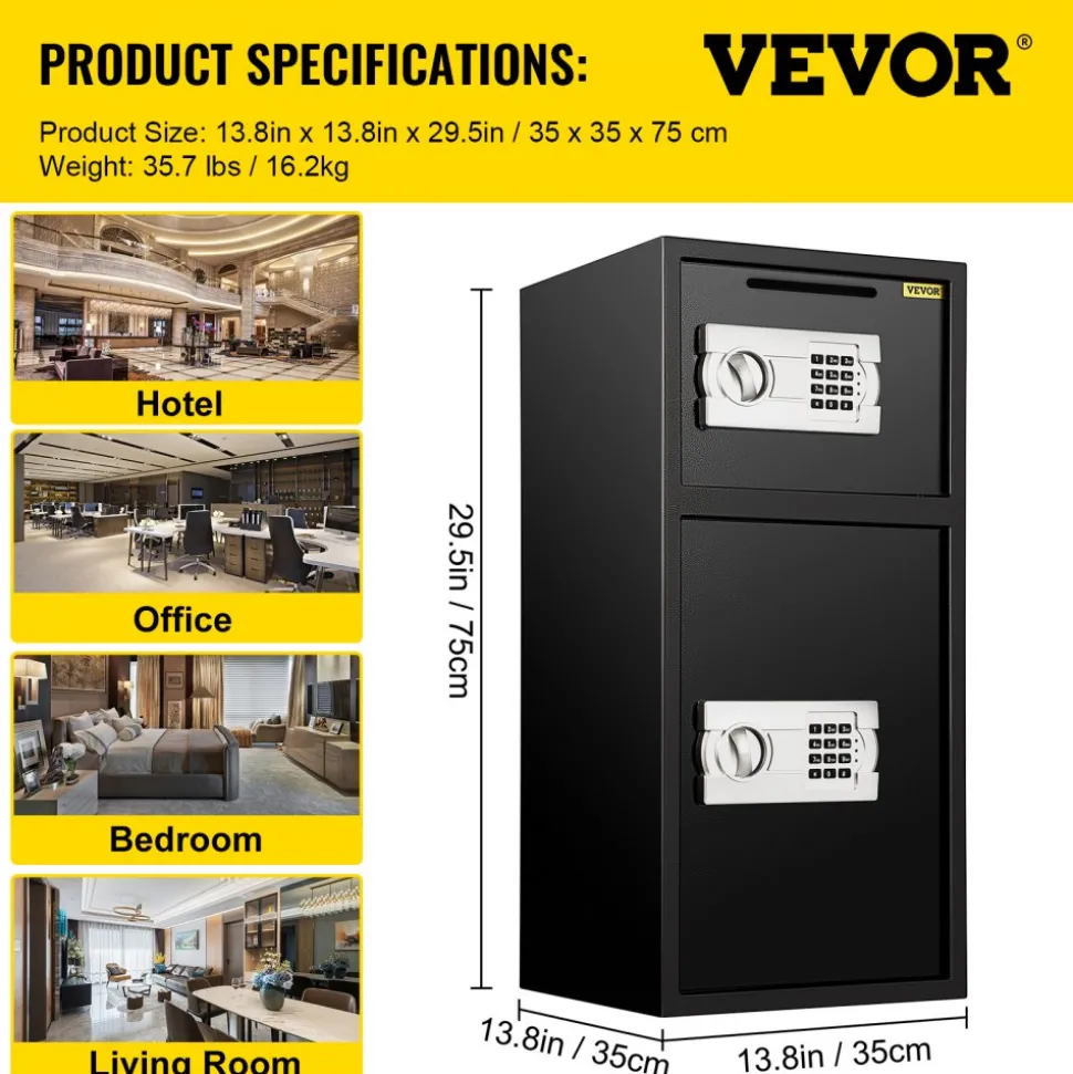 VEVOR Large Double Door Security Safe Box 2.6 Cubic Feet Steel Safe Box Strong Box with Digital Lock for Money Gun Jewelry Black