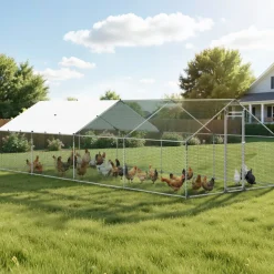 VEVOR Large Metal Chicken Coop, 9.8 x 26.2 x 6.6 ft, Walk-in Chicken Runs with Waterproof Cover, Spire Roof Hen House Enclosure with Lock, Outdoor Duck Rabbit Cage Poultry Pen for Backyard, Farm, Yard