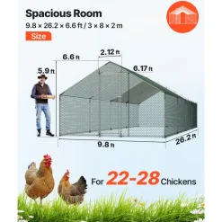 VEVOR Large Metal Chicken Coop, 9.8 x 26.2 x 6.6 ft, Walk-in Chicken Runs with Waterproof Cover, Spire Roof Hen House Enclosure with Lock, Outdoor Duck Rabbit Cage Poultry Pen for Backyard, Farm, Yard