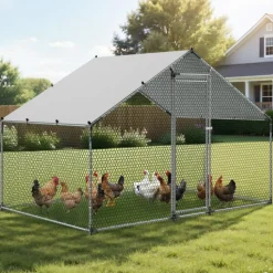 VEVOR Large Metal Chicken Coop, 9.8 x 6.6 x 6.6 ft, Walk-in Chicken Runs with Waterproof Cover, Spire Roof Hen House Enclosure with Lock, Outdoor Duck Rabbit Cage Poultry Pen for Backyard, Farm, Yard