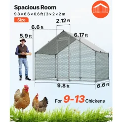VEVOR Large Metal Chicken Coop, 9.8 x 6.6 x 6.6 ft, Walk-in Chicken Runs with Waterproof Cover, Spire Roof Hen House Enclosure with Lock, Outdoor Duck Rabbit Cage Poultry Pen for Backyard, Farm, Yard