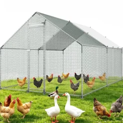 VEVOR Large Metal Chicken Coop, 9.8 x 13.1 x 6.6 ft, Walk-in Chicken Runs with Waterproof Cover, Spire Roof Hen House Enclosure with Lock, Outdoor Duck Rabbit Cage Poultry Pen for Backyard, Farm, Yard