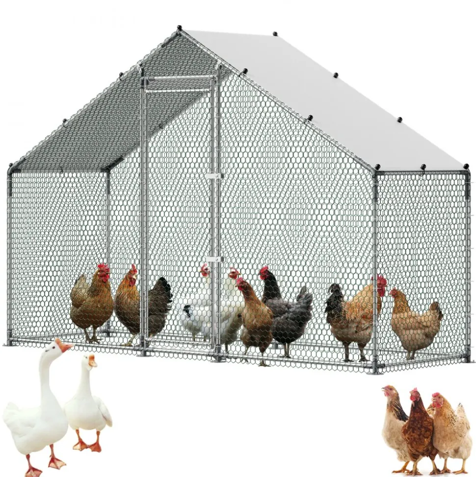 VEVOR Large Metal Chicken Coop,9.8 x 3.3 x 6.6 ft, Walk-in Chicken Run House with Waterproof Cover & Sturdy Frame, Spire Roof Poultry Cage Duck Pen for Rabbit Hen Goose Outdoor Backyard Farm Use