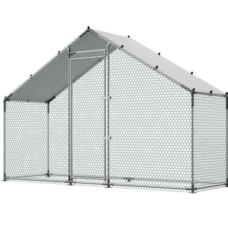 VEVOR Large Metal Chicken Coop,9.8 x 3.3 x 6.6 ft, Walk-in Chicken Run House with Waterproof Cover & Sturdy Frame, Spire Roof Poultry Cage Duck Pen for Rabbit Hen Goose Outdoor Backyard Farm Use