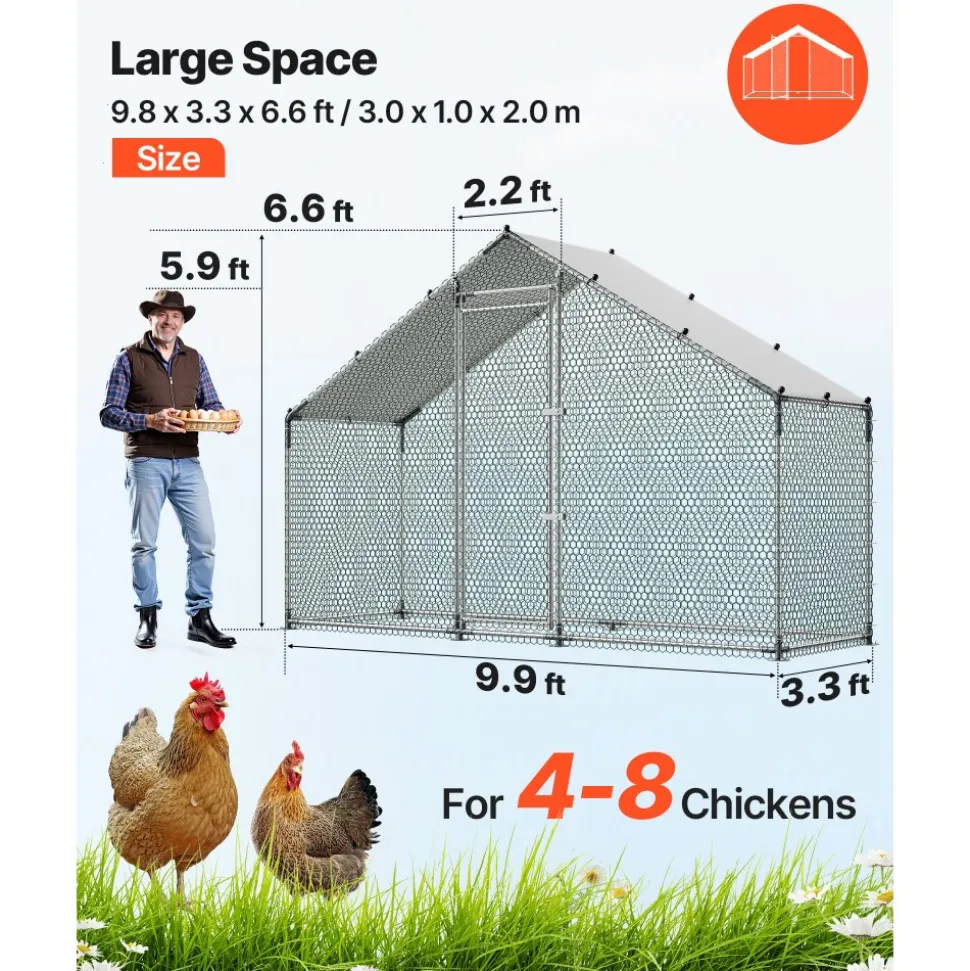 VEVOR Large Metal Chicken Coop,9.8 x 3.3 x 6.6 ft, Walk-in Chicken Run House with Waterproof Cover & Sturdy Frame, Spire Roof Poultry Cage Duck Pen for Rabbit Hen Goose Outdoor Backyard Farm Use