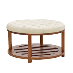 VEVOR Large Round Ottoman Coffee Table, 31.9 Inch Tufted Coffee Table with Solid Wood Shelf Storage, Linen Solid Upholstered Footrest Ottoman for Bedroom Living Room, 350 LBS, Linen Color