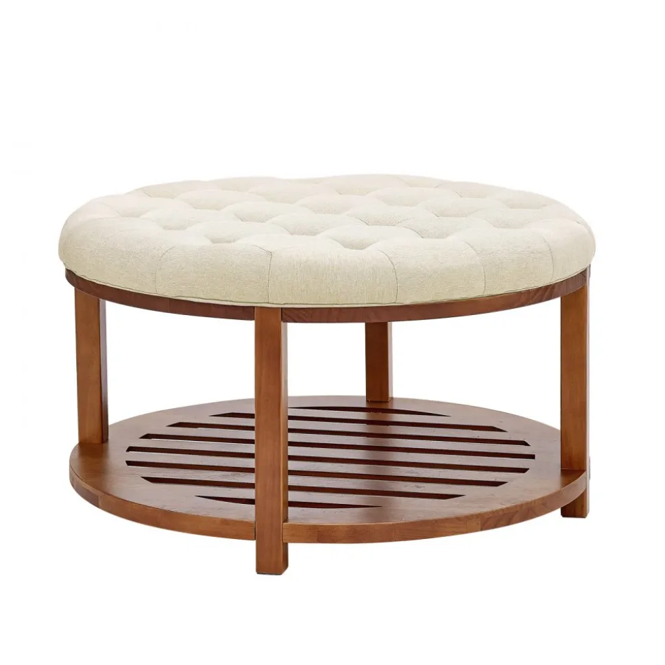 VEVOR Large Round Ottoman Coffee Table, 31.9 Inch Tufted Coffee Table with Solid Wood Shelf Storage, Linen Solid Upholstered Footrest Ottoman for Bedroom Living Room, 350 LBS, Linen Color