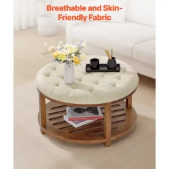 VEVOR Large Round Ottoman Coffee Table, 31.9 Inch Tufted Coffee Table with Solid Wood Shelf Storage, Linen Solid Upholstered Footrest Ottoman for Bedroom Living Room, 350 LBS, Linen Color