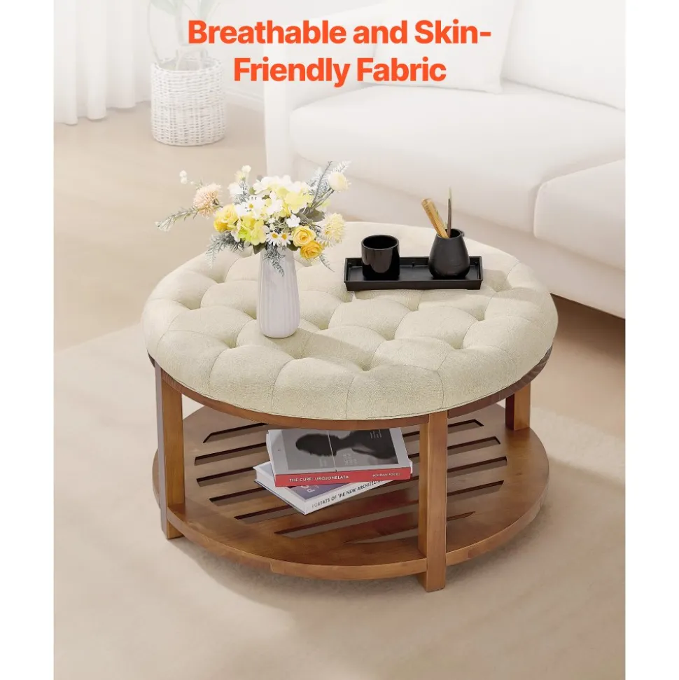 VEVOR Large Round Ottoman Coffee Table, 31.9 Inch Tufted Coffee Table with Solid Wood Shelf Storage, Linen Solid Upholstered Footrest Ottoman for Bedroom Living Room, 350 LBS, Linen Color