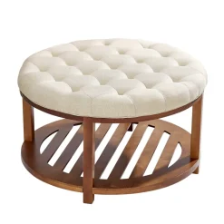 VEVOR Large Round Ottoman Coffee Table, 31.9 Inch Tufted Coffee Table with Solid Wood Shelf Storage, Linen Solid Upholstered Footrest Ottoman for Bedroom Living Room, 350 LBS, Linen Color