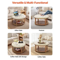 VEVOR Large Round Ottoman Coffee Table, 31.9 Inch Tufted Coffee Table with Solid Wood Shelf Storage, Linen Solid Upholstered Footrest Ottoman for Bedroom Living Room, 350 LBS, Linen Color