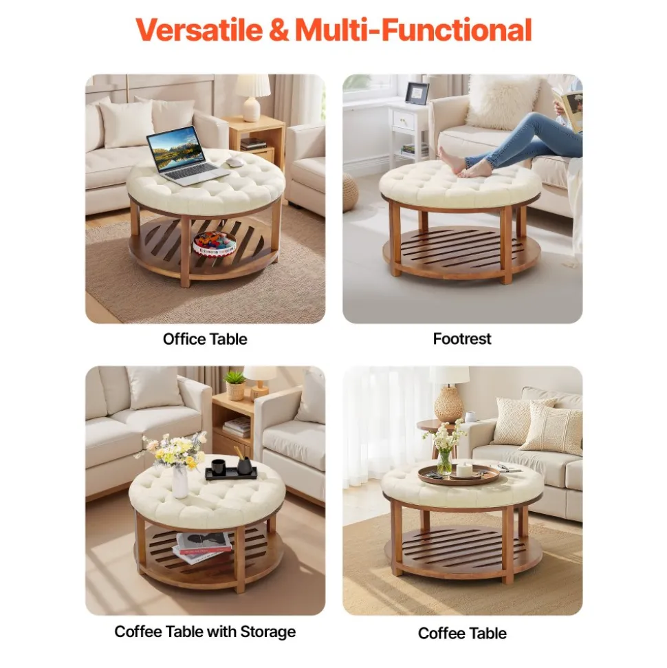 VEVOR Large Round Ottoman Coffee Table, 31.9 Inch Tufted Coffee Table with Solid Wood Shelf Storage, Linen Solid Upholstered Footrest Ottoman for Bedroom Living Room, 350 LBS, Linen Color
