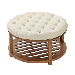 VEVOR Large Round Ottoman Coffee Table, 31.9 Inch Tufted Coffee Table with Solid Wood Shelf Storage, Linen Solid Upholstered Footrest Ottoman for Bedroom Living Room, 350 LBS, Linen Color