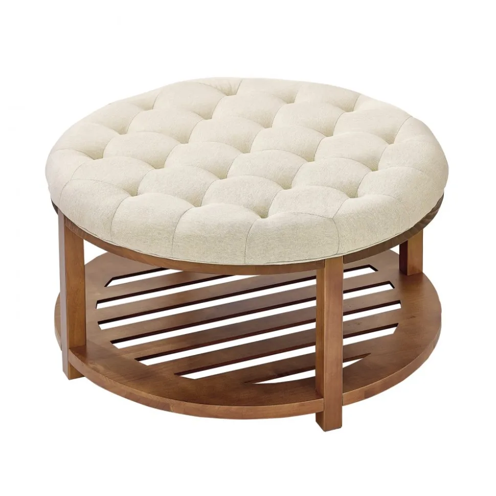 VEVOR Large Round Ottoman Coffee Table, 31.9 Inch Tufted Coffee Table with Solid Wood Shelf Storage, Linen Solid Upholstered Footrest Ottoman for Bedroom Living Room, 350 LBS, Linen Color