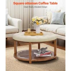 VEVOR Large Round Ottoman Coffee Table, 31.9 Inch Tufted Coffee Table with Solid Wood Shelf Storage, Linen Solid Upholstered Footrest Ottoman for Bedroom Living Room, 350 LBS, Linen Color